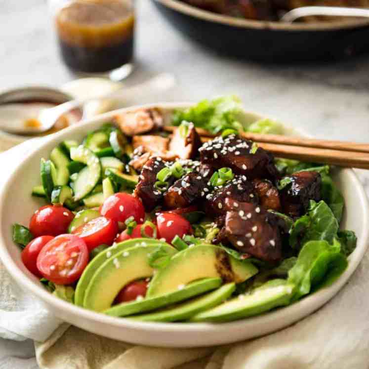 Asian Salmon Salad - Salmon dripping in a gorgeous Asian glaze on a fresh, vibrant salad drizzled with sesame dressing. Quick to make, packed with serious flavour! recipetineats.com