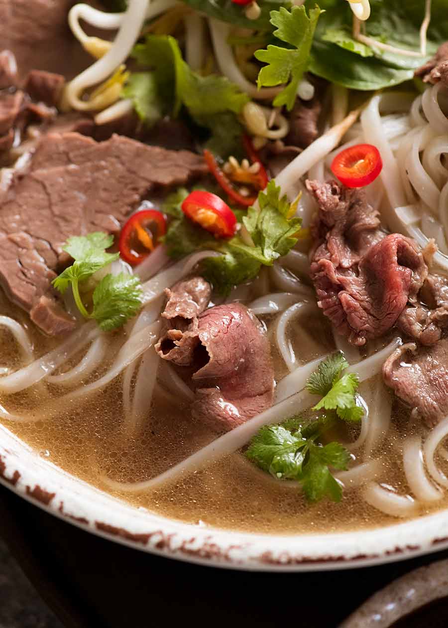 Close up of beef in beef pho