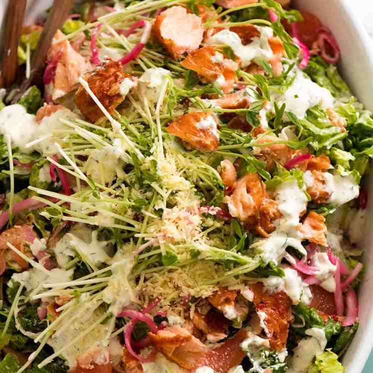 Overhead photo of Celebration Salmon Salad - magnificent show off main dish salad for lunches, Christmas and other holiday feasting occasions!
