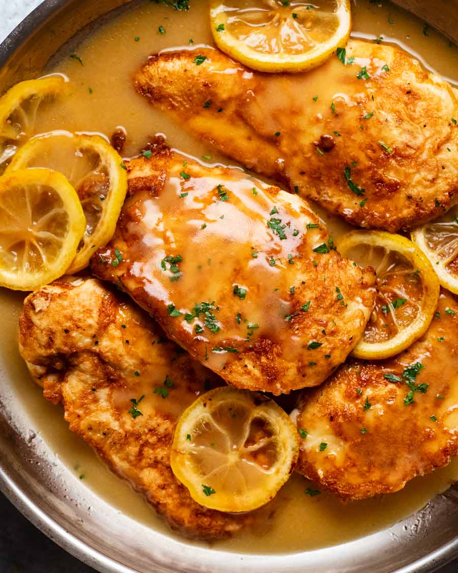 Chicken Francese in a pan ready to be served