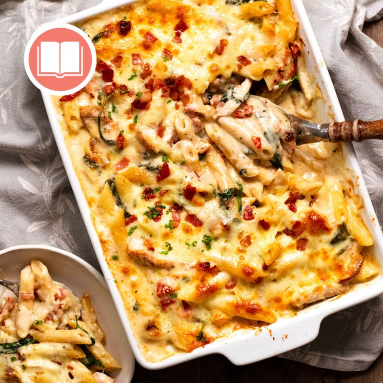 Creamy Tuscan chicken pasta bake from RecipeTin Eats "Dinner" cookbook by Nagi Maehashi