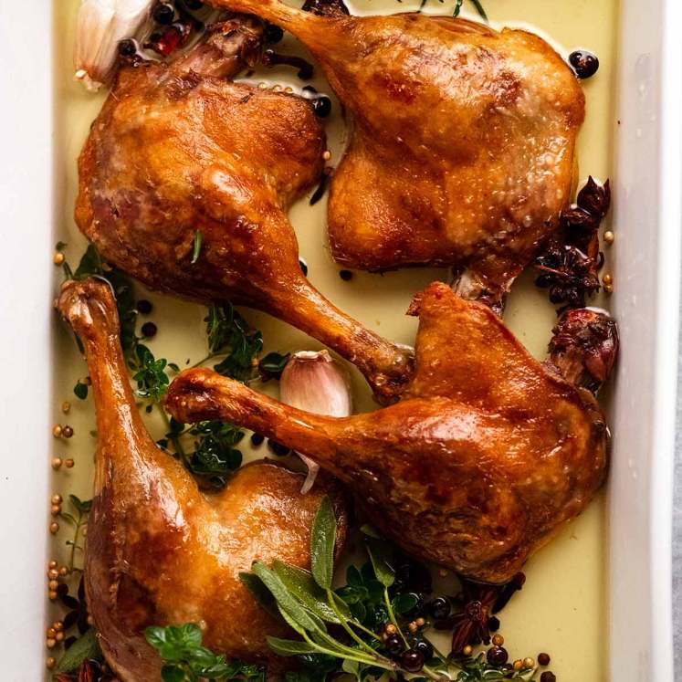 Duck Confit in a white baking dish