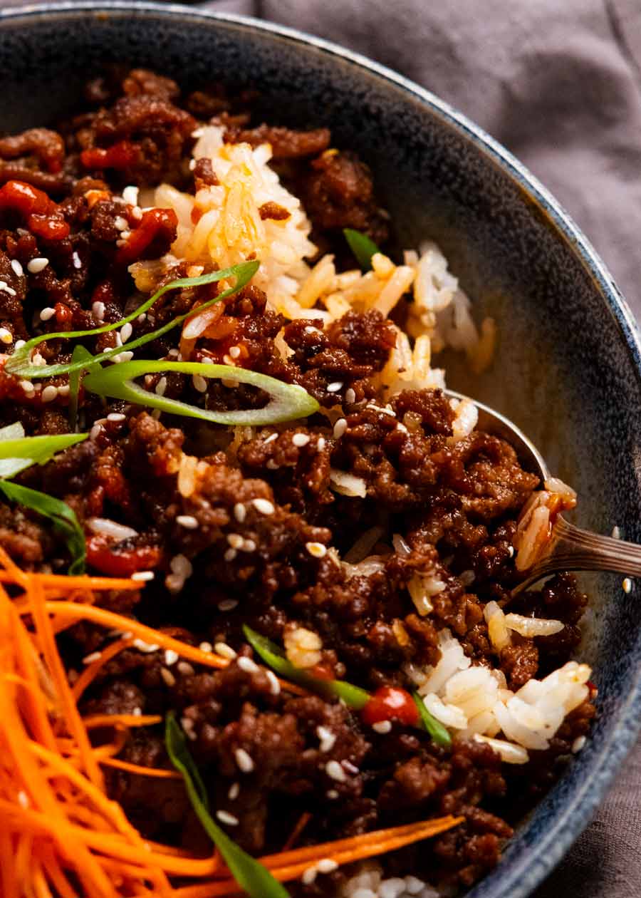 Close up of Firecracker beef over rice
