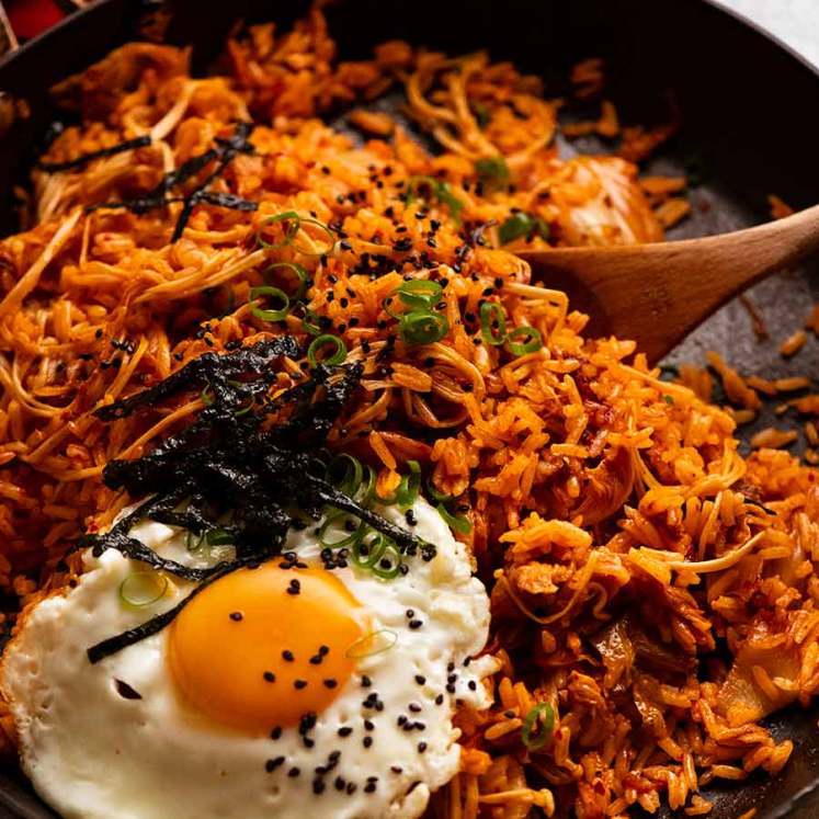 Kimchi Fried Rice in a skillet, freshly cooked