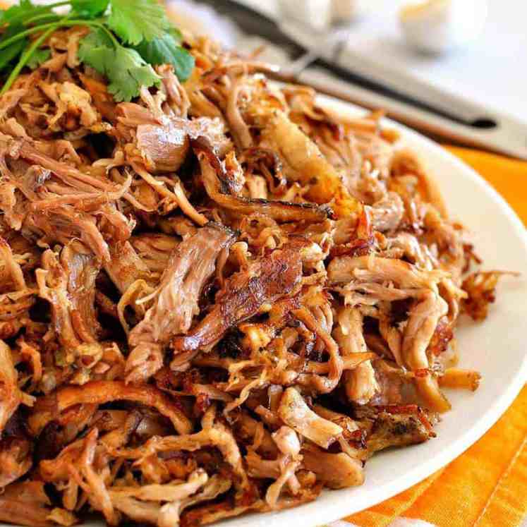 Pile of golden, crispy and juicy Pork Carnitas on a white plate.
