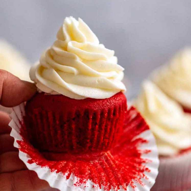 Close up of a Red Velvet Cupcake with Cream Cheese Frosting