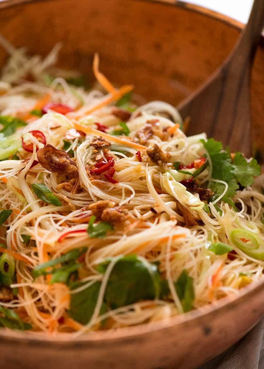 Close up of Vermicelli Noodle Salad with cabbage, carrot, beansprouts, coriander, chilli with an Asian dressing