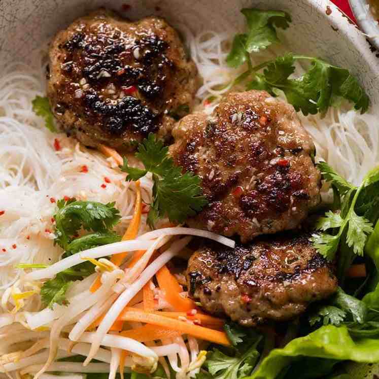 Overhead photo of Bun Cha - Vietnamese Meatballs noodle bowls, ready to be eaten