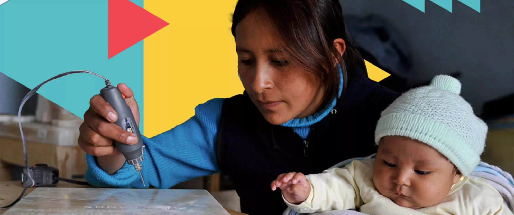 Mother carving tombstones while taking care of her baby, Bolivia