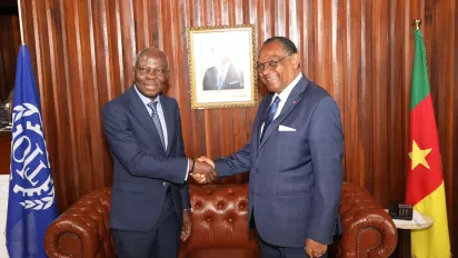 Gilbert F. Hougbo shaking hands with the Minister of Labour of Cameroon