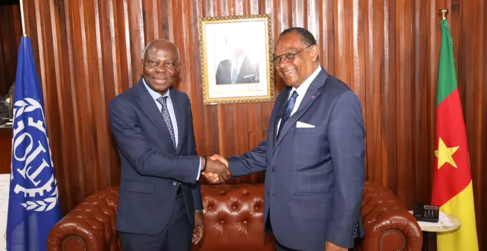 Gilbert F. Hougbo shaking hands with the Minister of Labour of Cameroon