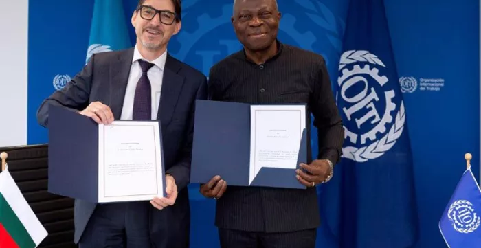 Ratification ceremony of Conventions Nos. 155 and 187, 2 April 2024:  H.E. Ambassador Yuri Sterk, Permanent Representative of the Republic of Bulgaria to the UN Office and other International Organisations in Geneva and Gilbert F. Houngbo, DG of the ILO