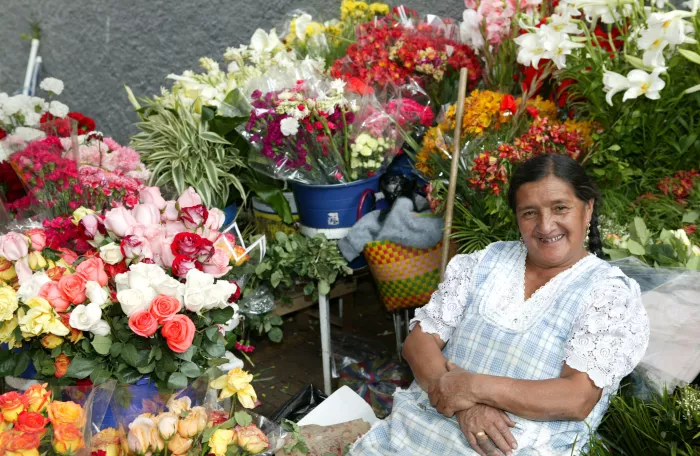 A salesperson sitting by a market stall with flowers.